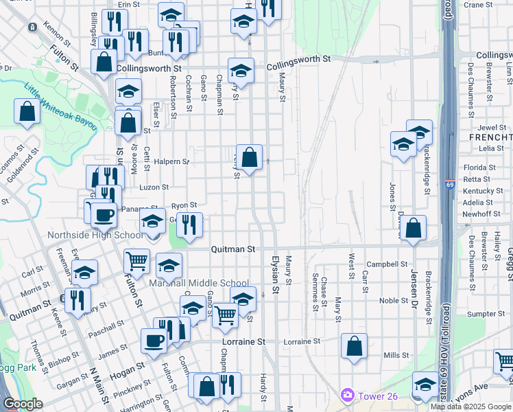 map of restaurants, bars, coffee shops, grocery stores, and more near 2702 Hardy Street in Houston