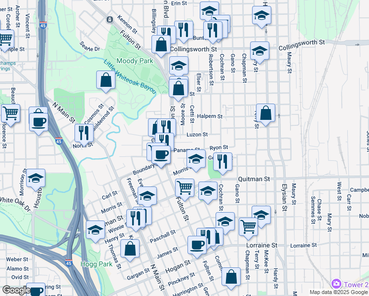 map of restaurants, bars, coffee shops, grocery stores, and more near 1116 Panama Street in Houston