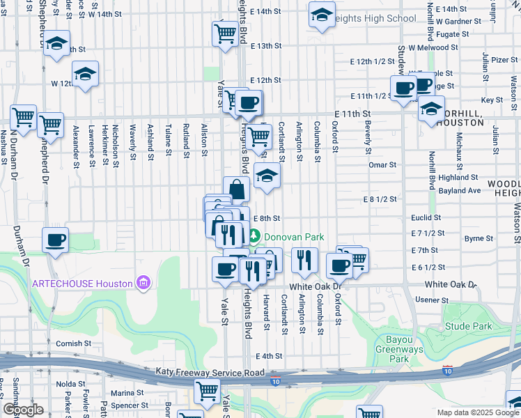 map of restaurants, bars, coffee shops, grocery stores, and more near 27 East 8th Street in Houston