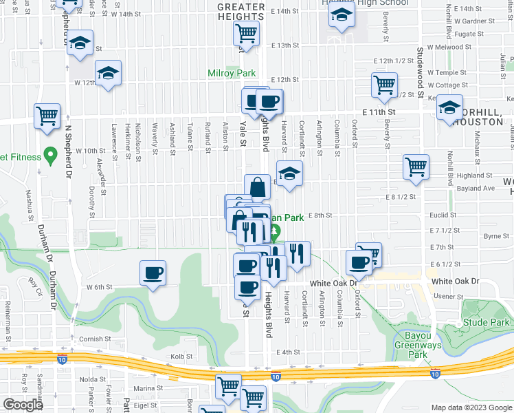 map of restaurants, bars, coffee shops, grocery stores, and more near 115 West 8th Street in Houston