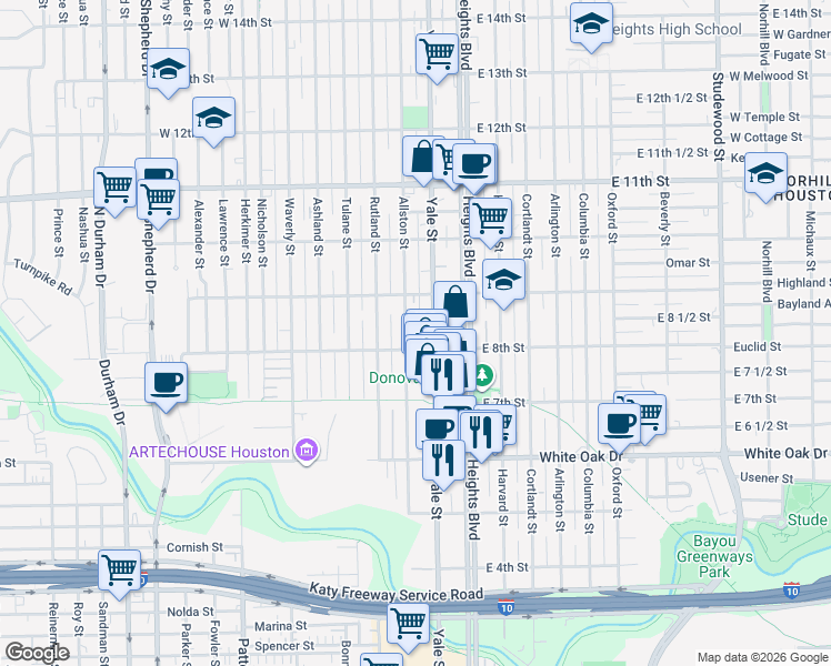 map of restaurants, bars, coffee shops, grocery stores, and more near 813 Allston Street in Houston