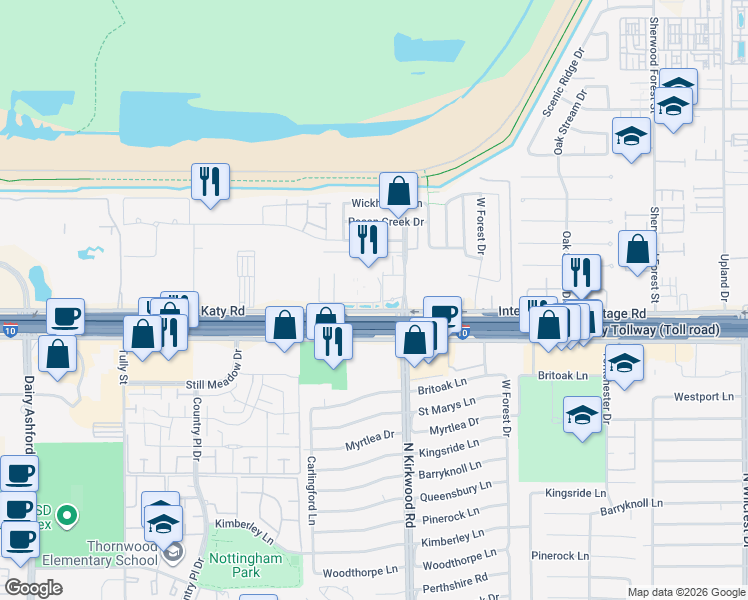 map of restaurants, bars, coffee shops, grocery stores, and more near 11730 Old Katy Road in Houston