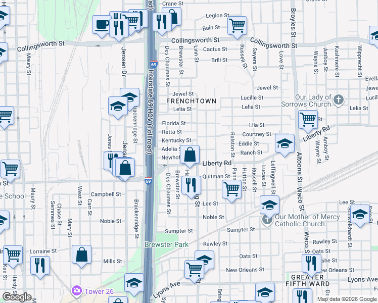 map of restaurants, bars, coffee shops, grocery stores, and more near 2600 Brewster Street in Houston