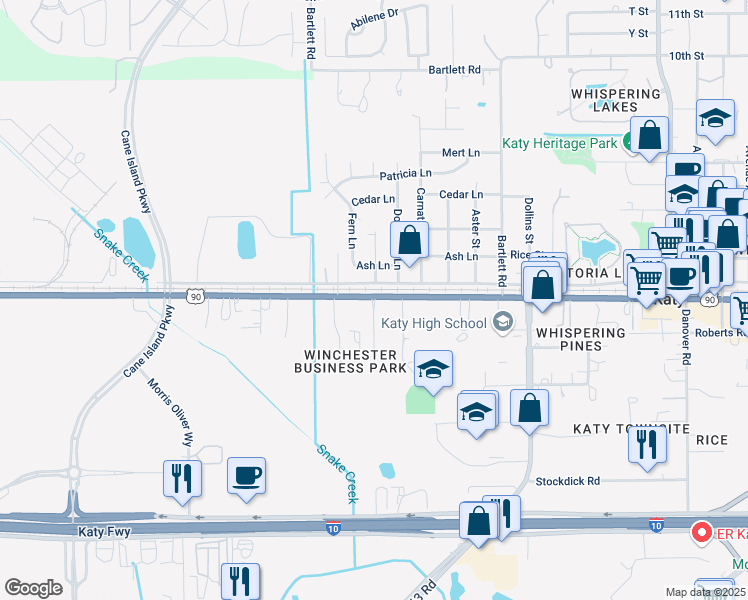 map of restaurants, bars, coffee shops, grocery stores, and more near 709 Alabama Street in Katy