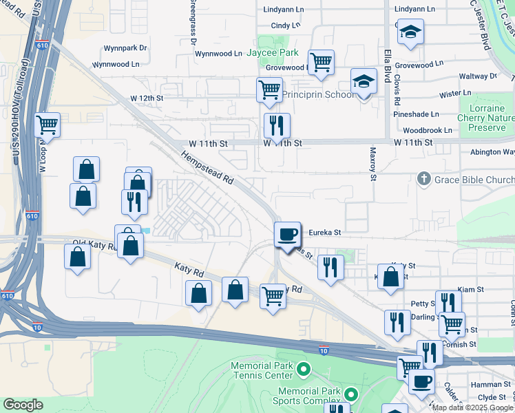 map of restaurants, bars, coffee shops, grocery stores, and more near 8321 Hempstead Road in Houston