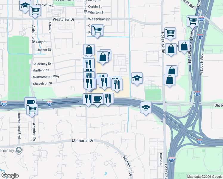 map of restaurants, bars, coffee shops, grocery stores, and more near 7620 Katy Freeway in Houston