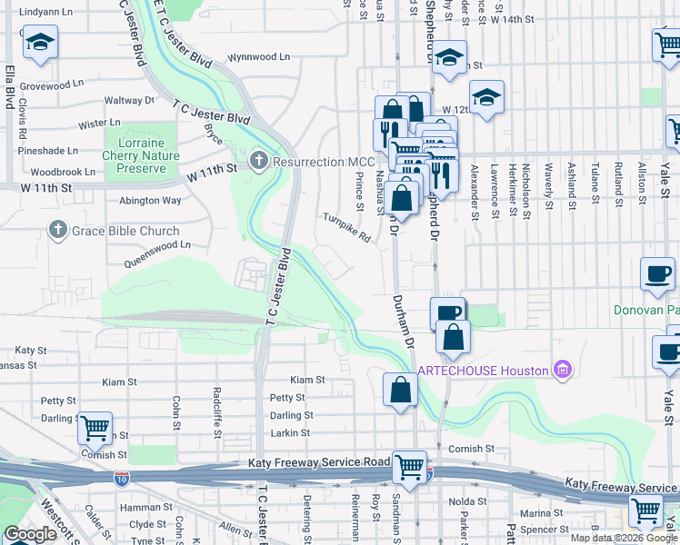 map of restaurants, bars, coffee shops, grocery stores, and more near 715 Worthshire Street in Houston