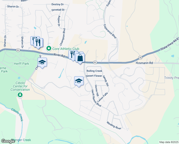 map of restaurants, bars, coffee shops, grocery stores, and more near 109 Rolling Creek in Boerne