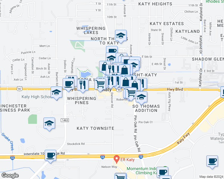 map of restaurants, bars, coffee shops, grocery stores, and more near 5800 U.S. 90 in Katy
