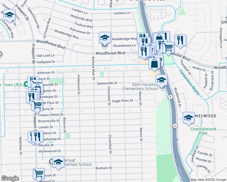 map of restaurants, bars, coffee shops, grocery stores, and more near 14403 Texarkana Street in Houston