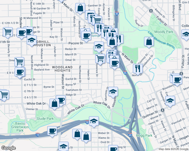 map of restaurants, bars, coffee shops, grocery stores, and more near 423 Euclid Street in Houston