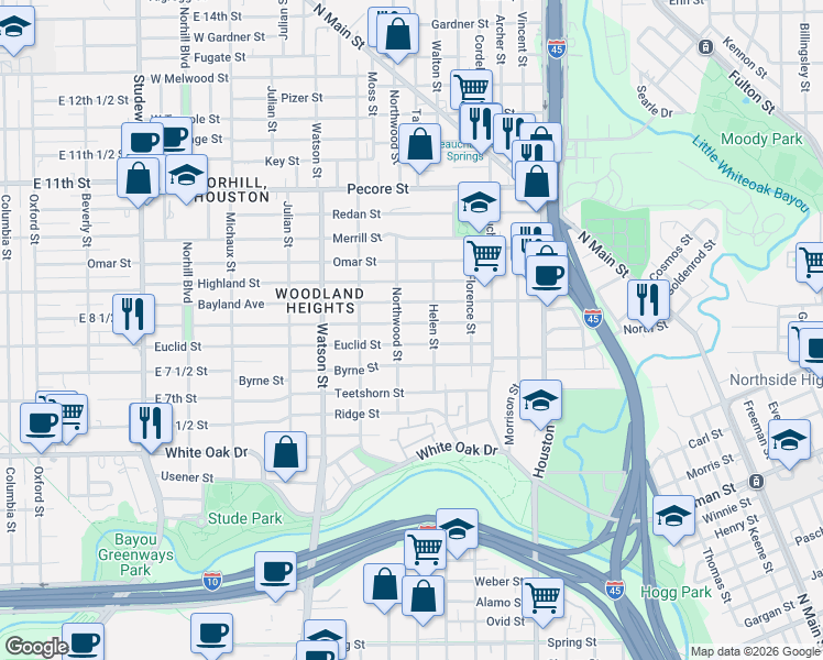 map of restaurants, bars, coffee shops, grocery stores, and more near 525 Euclid Street in Houston