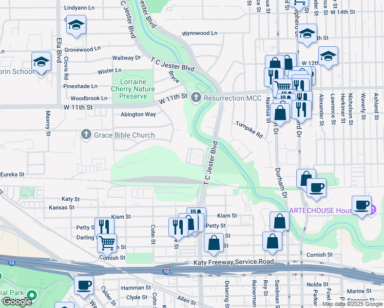 map of restaurants, bars, coffee shops, grocery stores, and more near 701 T C Jester Boulevard in Houston