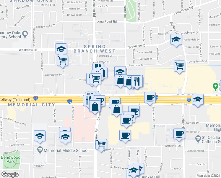 map of restaurants, bars, coffee shops, grocery stores, and more near 10060 Katy Freeway in Houston