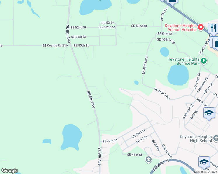 map of restaurants, bars, coffee shops, grocery stores, and more near 4755 Southeast 6th Lane in Keystone Heights