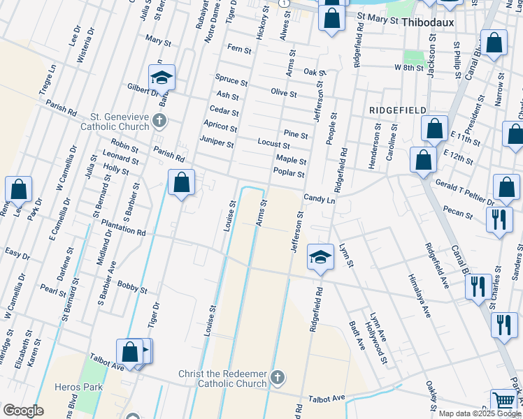 map of restaurants, bars, coffee shops, grocery stores, and more near Arms Street in Thibodaux