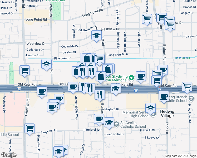 map of restaurants, bars, coffee shops, grocery stores, and more near 9710 Katy Freeway in Houston