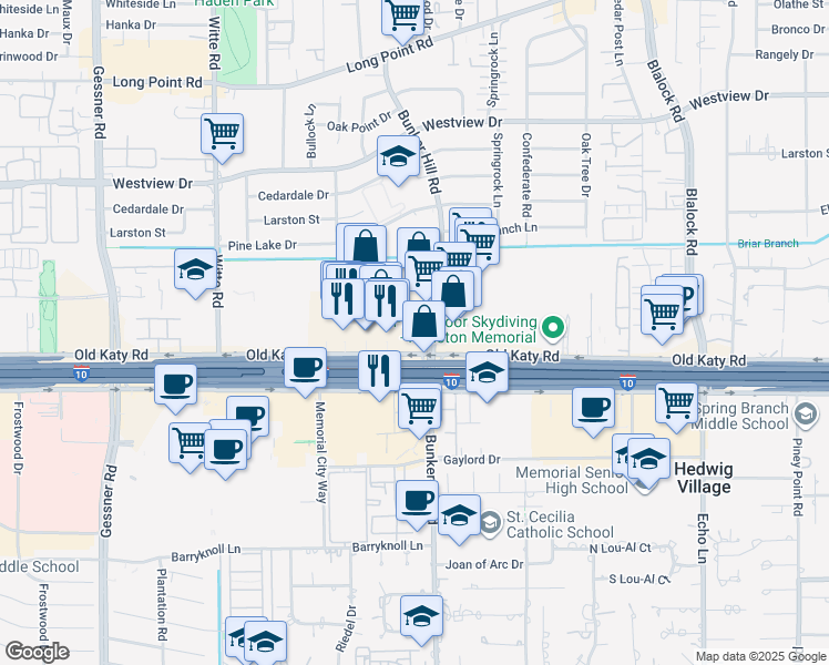 map of restaurants, bars, coffee shops, grocery stores, and more near 9710 Katy Freeway in Houston