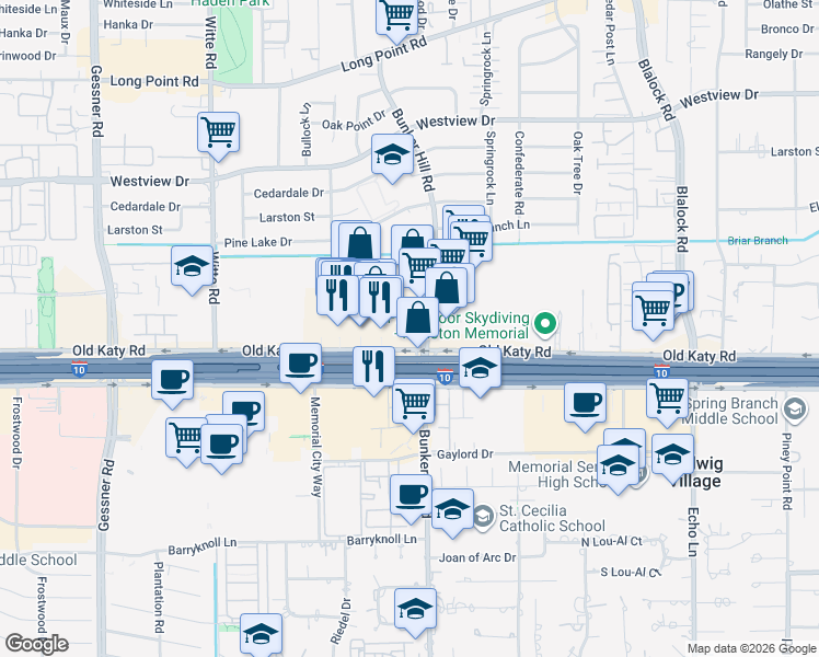 map of restaurants, bars, coffee shops, grocery stores, and more near 9710 Katy Freeway in Houston
