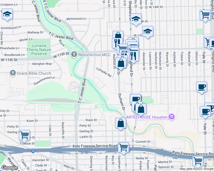 map of restaurants, bars, coffee shops, grocery stores, and more near 712 Worthshire Street in Houston