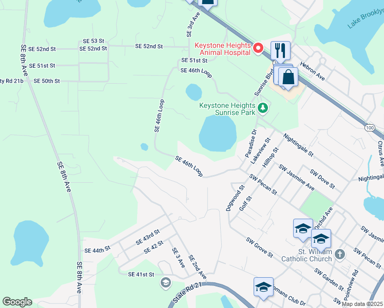 map of restaurants, bars, coffee shops, grocery stores, and more near 279 Southeast 46th Loop in Keystone Heights