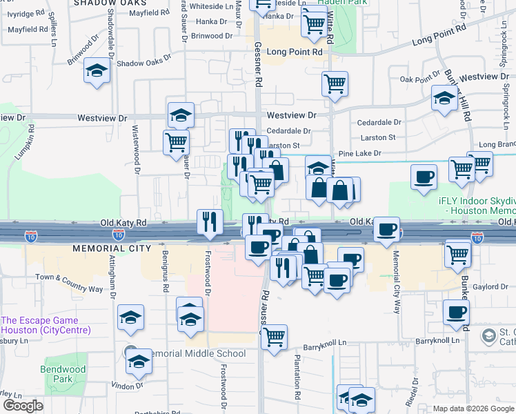 map of restaurants, bars, coffee shops, grocery stores, and more near 10100 Katy Freeway in Houston