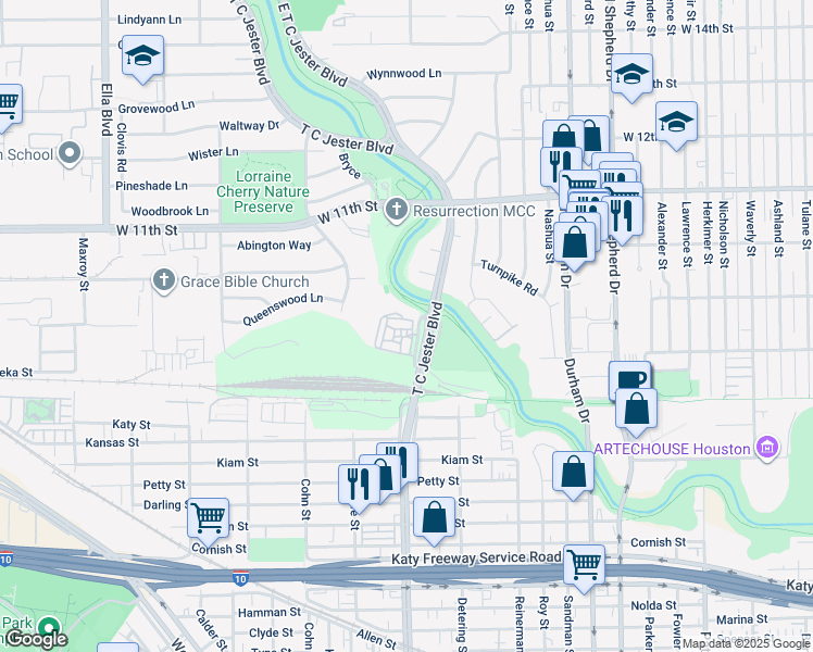 map of restaurants, bars, coffee shops, grocery stores, and more near 701 T C Jester Boulevard in Houston