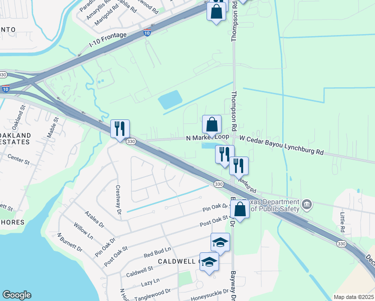 map of restaurants, bars, coffee shops, grocery stores, and more near 6204 Decker Drive in Baytown