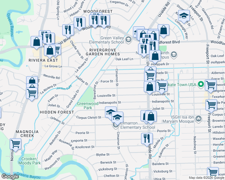 map of restaurants, bars, coffee shops, grocery stores, and more near 13229 Louisville Street in Houston