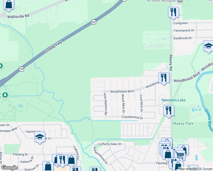 map of restaurants, bars, coffee shops, grocery stores, and more near 11662 Woodbuck Trail in Houston