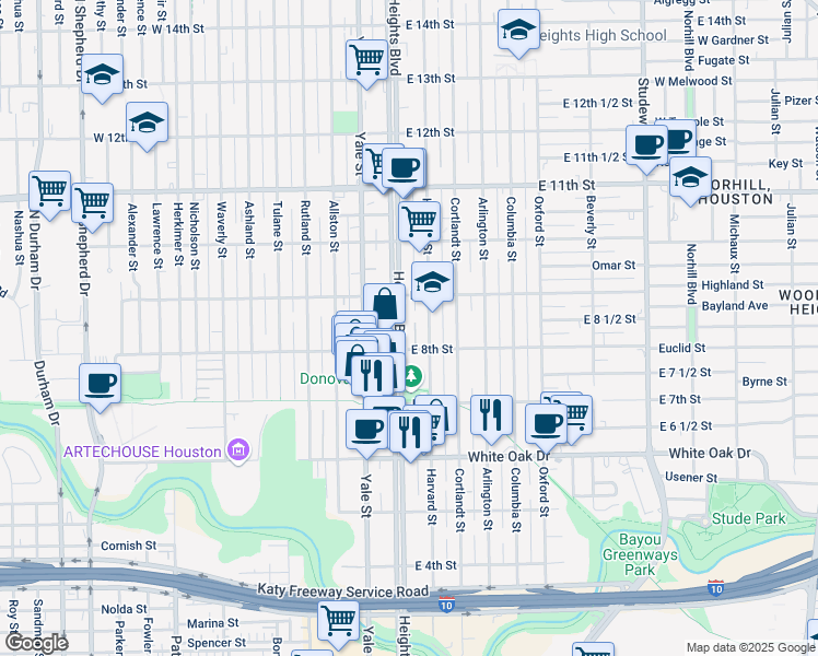 map of restaurants, bars, coffee shops, grocery stores, and more near 27 East 8th Street in Houston