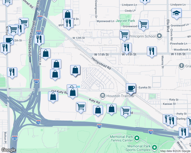 map of restaurants, bars, coffee shops, grocery stores, and more near 7002 Old Katy Road in Houston