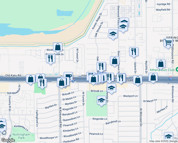 map of restaurants, bars, coffee shops, grocery stores, and more near 233 West Tri Oaks Lane in Houston