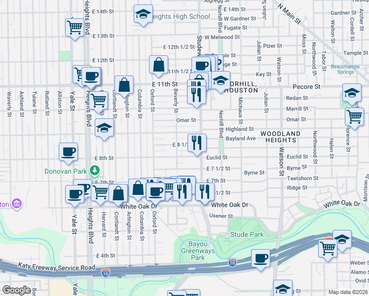 map of restaurants, bars, coffee shops, grocery stores, and more near 705 East 8th Street in Houston