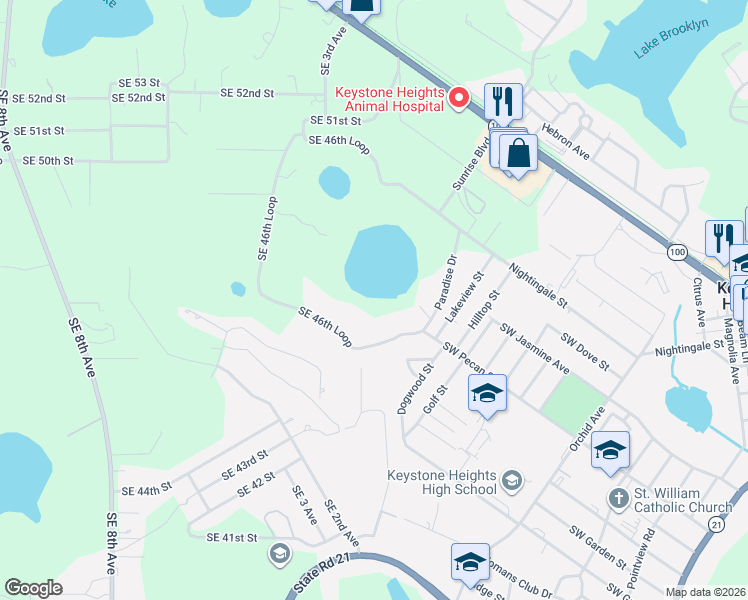 map of restaurants, bars, coffee shops, grocery stores, and more near 61 Southeast 46th Loop in Keystone Heights