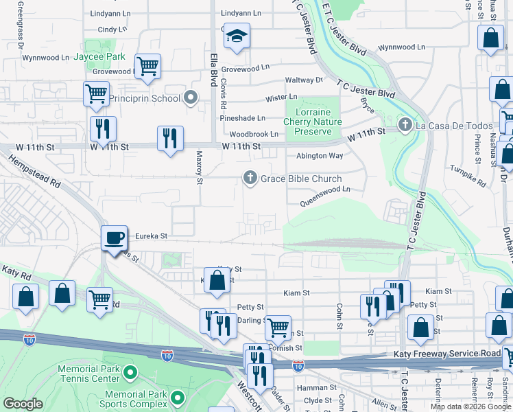map of restaurants, bars, coffee shops, grocery stores, and more near 6307 Toledo Street in Houston
