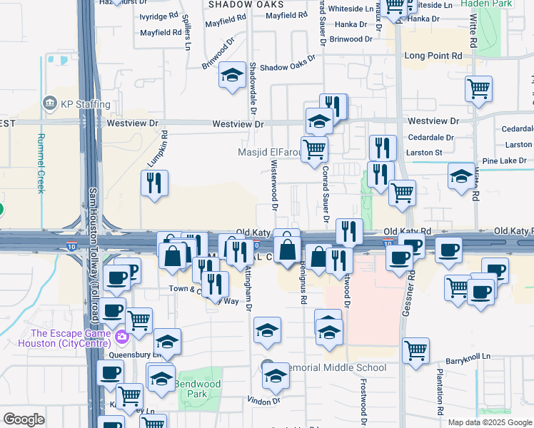 map of restaurants, bars, coffee shops, grocery stores, and more near 10300 Katy Freeway in Houston