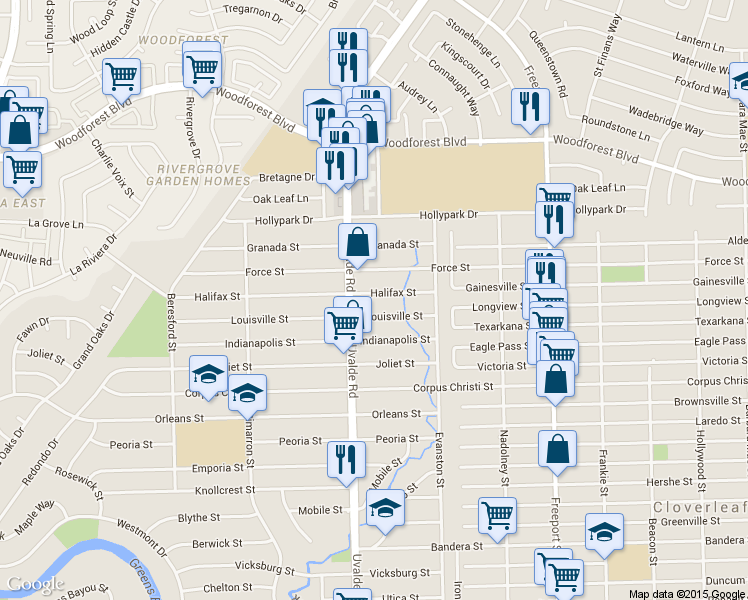 map of restaurants, bars, coffee shops, grocery stores, and more near 13418 Halifax Street in Houston