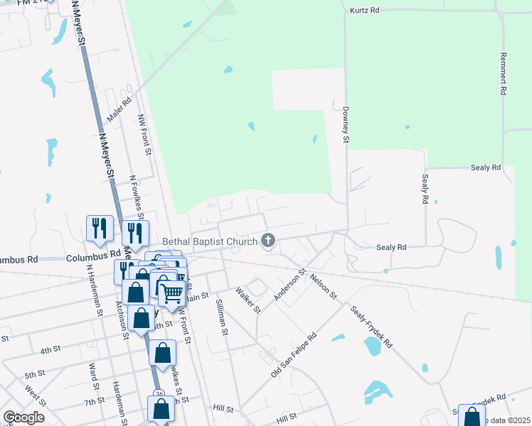 map of restaurants, bars, coffee shops, grocery stores, and more near 219 Cleveland Street in Sealy