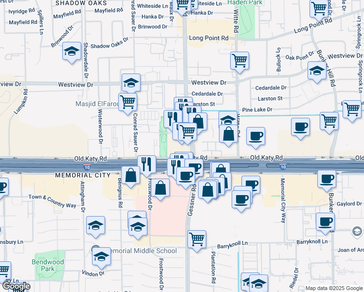 map of restaurants, bars, coffee shops, grocery stores, and more near 10064-10104 Interstate 10 Frontage Rd in Houston