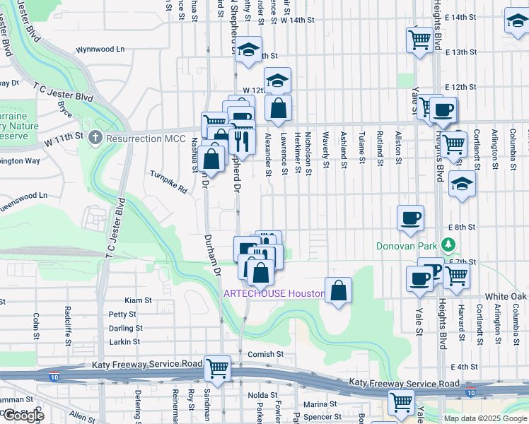 map of restaurants, bars, coffee shops, grocery stores, and more near 810 Alexander Street in Houston