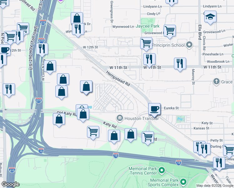 map of restaurants, bars, coffee shops, grocery stores, and more near 7002 Old Katy Road in Houston