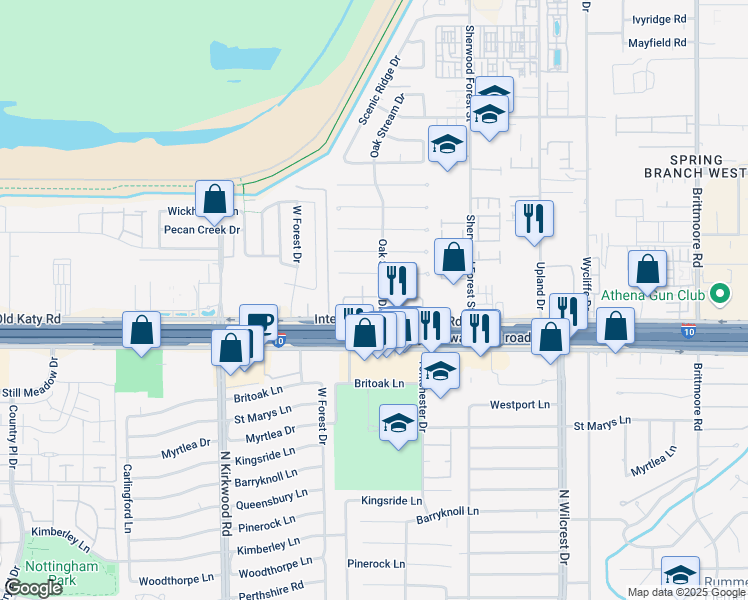 map of restaurants, bars, coffee shops, grocery stores, and more near 11300 Katy Freeway in Houston