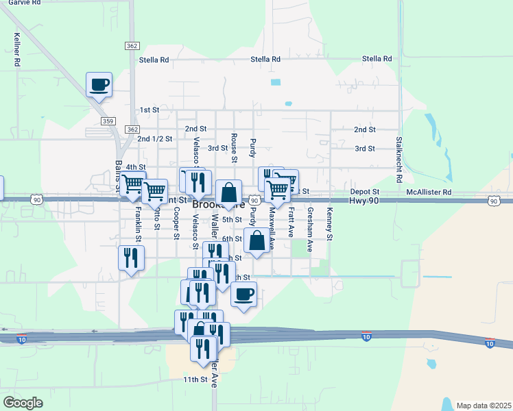 map of restaurants, bars, coffee shops, grocery stores, and more near 907 Purdy in Brookshire