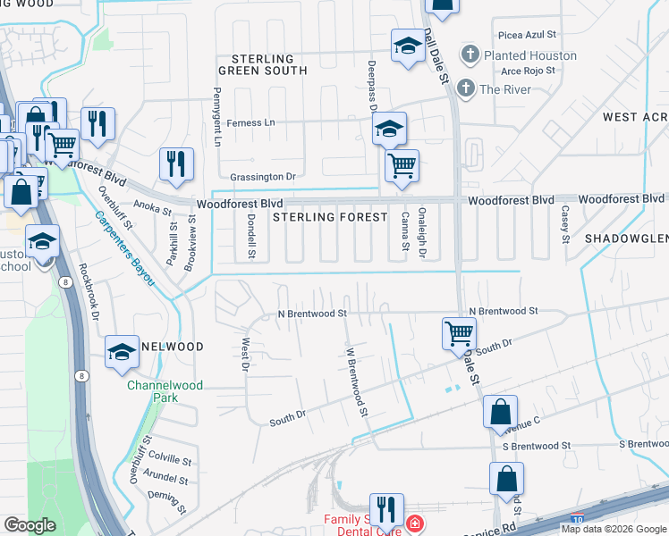 map of restaurants, bars, coffee shops, grocery stores, and more near 707 Terryhollow Street in Channelview