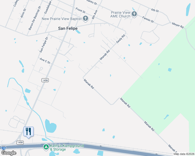 map of restaurants, bars, coffee shops, grocery stores, and more near 1500 Manak Road in Sealy