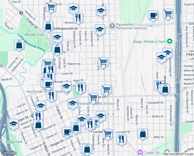 map of restaurants, bars, coffee shops, grocery stores, and more near 2604 Chapman Street in Houston