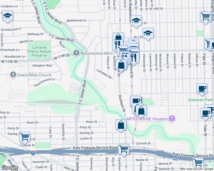 map of restaurants, bars, coffee shops, grocery stores, and more near 712 Worthshire Street in Houston