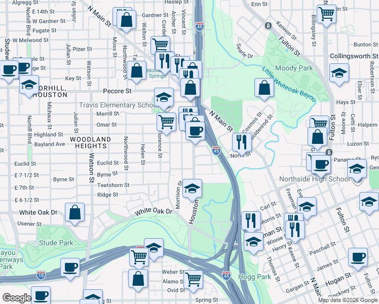 map of restaurants, bars, coffee shops, grocery stores, and more near 3004 Morrison Street in Houston