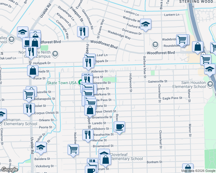 map of restaurants, bars, coffee shops, grocery stores, and more near 14026 Longview Street in Houston